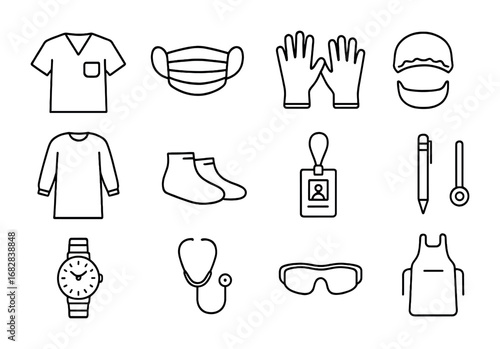 Surgeon Fashion Icons. Outline icon set of fashion for medical surgeons: surgical scrubs, mask, gloves, cap,