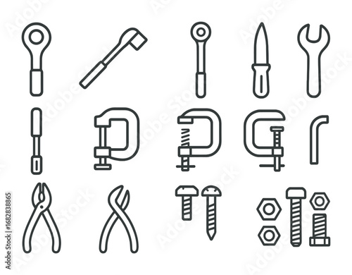 Mechanical Tool Icons. Outline icon set of mechanical assembly tools: ratchet, socket wrench, torque wrench,