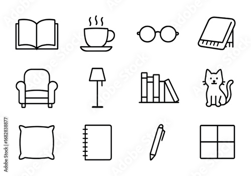 Quiet Reading Icons. Outline icon set of quiet reading time: open book, coffee cup, glasses, blanket, chair,