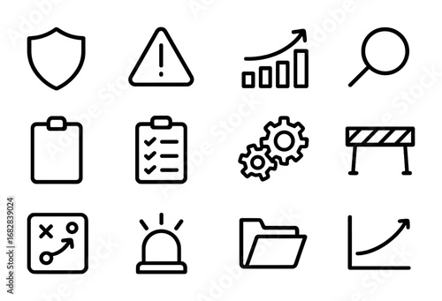 Risk Assessment Icons. Outline icon set of risk assessment planning: shield, exclamation mark, chart,