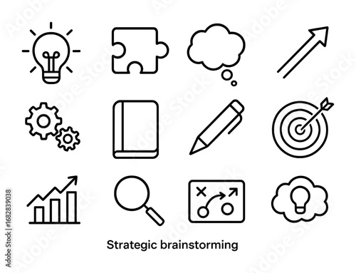 Strategic Brainstorming Icons. Outline icon set of strategic brainstorming: light bulb, puzzle piece, thought