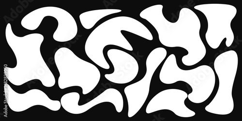 Liquid white organic blob shapes collection set. Random blob design element on black background
