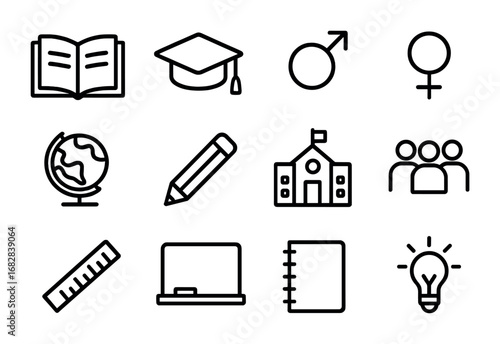 Inclusive Education Icons. Outline icon set of inclusive education: book, graduation cap, male symbol, female