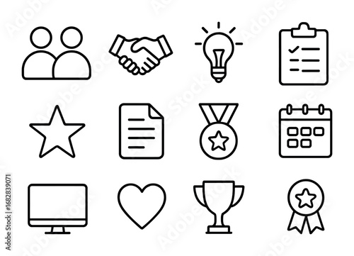 Mentorship Icons Grid. Outline icon set of mentorship programs: people, handshake, light bulb, clipboard, star