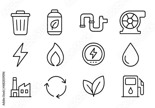 Waste-to-Energy Icons. Outline icon set of waste-to-energy: trash bin, bio-reactor, pipes, turbine, spark,
