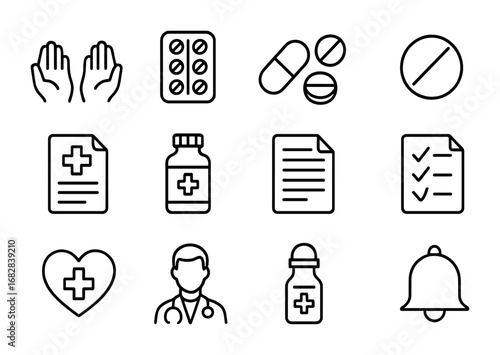 Medication Use Icons. Outline icon set of responsible medication use: hands, blister pack, pills, capsule,