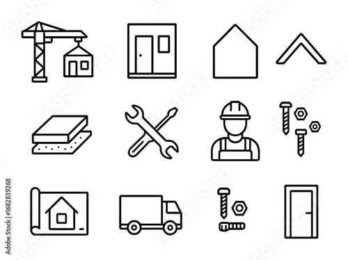 Home Assembly Icon Set. Outline icon set of home assembly process: crane, modular unit, wall panel, roof