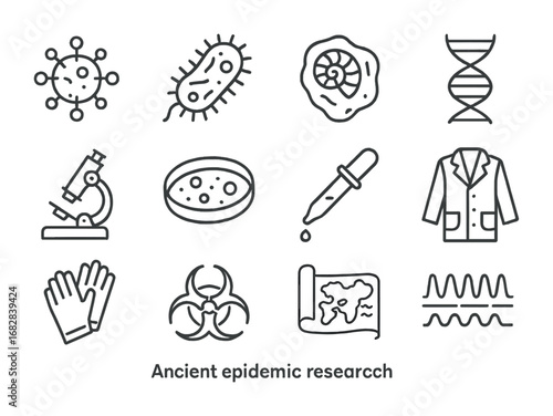 Ancient Epidemic Icons. Outline icon set of Ancient epidemic research: virus particle, bacteria cell, fossil