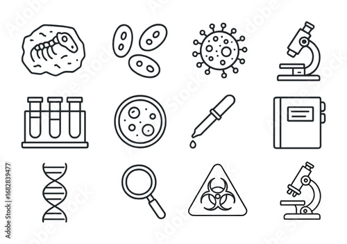Microbial Archaeology Icons. Outline icon set of Microbial archaeology research: fossil sample, bacterial