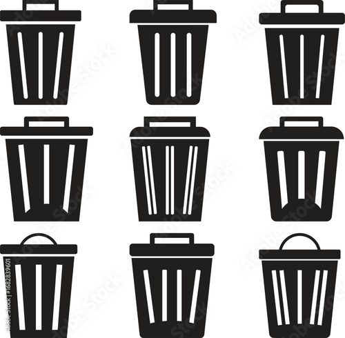 Collection of nine identical black trash cans in a grid
