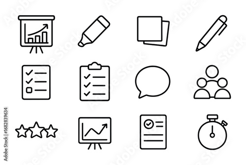 Workshop Feedback Icons. Outline icon set of Workshop Feedback: flipchart, marker, post-it notes, pen,