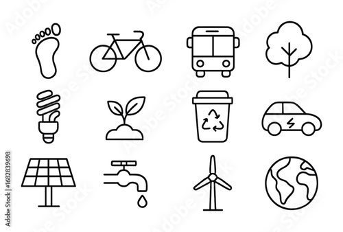 Eco-Friendly Icons Set. Outline icon set of Carbon Footprint Reduction: footprint, bicycle, public transport,