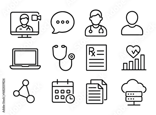 Telemedicine Icon Set. Outline icon set of Telemedicine and EHR: video consultation, chat bubble, doctor