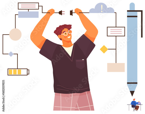 Smiling man links cables on workflow-inspired diagram with battery, pencil, and circuit elements. Ideal for creativity, problem-solving, brainstorming, innovation, collaboration, energy motivation