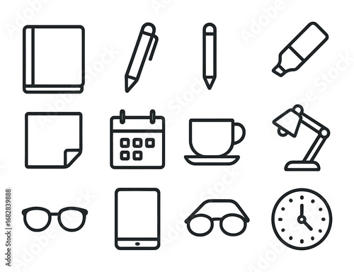 Journaling Tools Icons. Outline icon set of Daily journaling tools: notebook, pen, pencil, eraser, highlighter