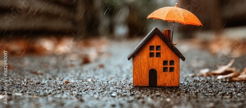 Miniature house sheltered by umbrella in rain