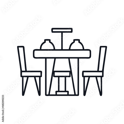 A minimalist line art illustration of a dining table and chairs, restaurant table setting icon vector illustration