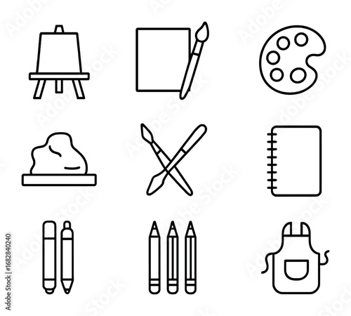 Art Class Icons. Outline icon set of Art classroom activities: easel, canvas, paintbrush, palette, clay,