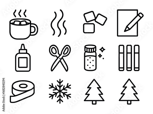 Cozy Craft Icons. Outline icon set of Hot chocolate and cozy crafts: mug, steam, marshmallows, paper, pencil,