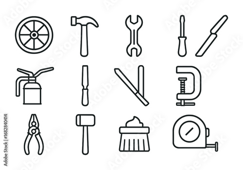 Tool Icon Grid. Outline icon set of Wagon wheel maintenance tools: hammer, wrench, screwdriver, oil can, file,