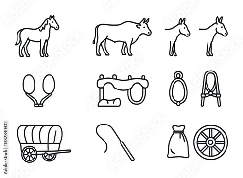 Animal-Drawn Wagon Icons. Outline icon set of Animal-drawn wagons: horse, ox, mule, donkey, reins, saddle,