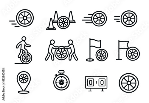 Wagon Wheel Icon Set. Outline icon set of Wagon wheel sports and games: wheel rolling, obstacle course, racing