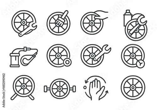 Wagon Wheel Icons. Outline icon set of Wagon wheel repair process: dismantle, clean, sand, paint, grease,