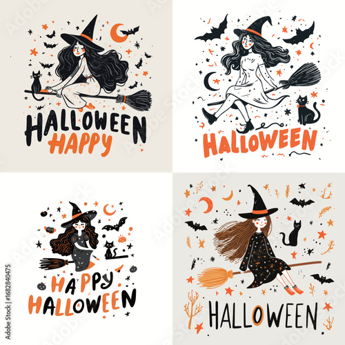 Four whimsical illustrations feature witches flying on broomsticks among bats and stars, celebrating Halloween with vibrant colors and joyful themes. Each design conveys festive spirit.
