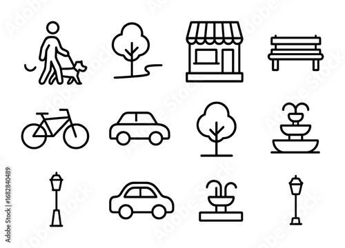 Weekend Dog Walk Icons. Outline icon set of Weekend dog walk in city: person, dog, leash, park, sidewalk, cafe
