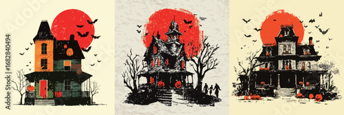 A collection of eerie haunted houses is featured with glowing pumpkins on the porches. Bats flutter in the twilight sky alongside a large orange moon. Silhouettes of people are seen walking outside.