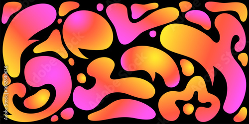 Liquid funky shape pattern with holographic gradient blobs, flowing forms and organic curves for modern design. Vibrant acid neon colors on black background. Abstract fluid elements for digital art.
