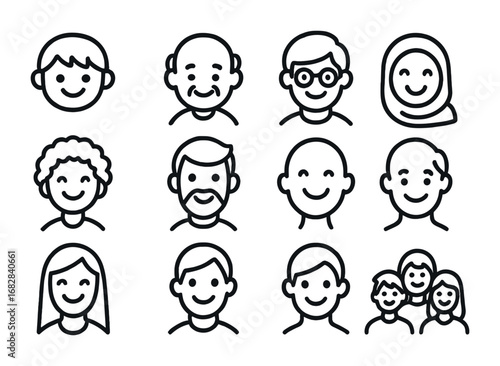 Smiling Faces Icons. Outline icon set of smiling diversity: happy child, elderly person smiling, person with