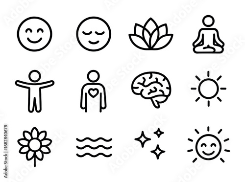 Emotional Health Icons. Outline icon set of emotional health: smiling face, peaceful eyes, lotus flower,