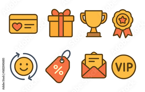 Colorful Loyalty Icons. Flat vector mini-illustrations retention and loyalty programs in colors children's