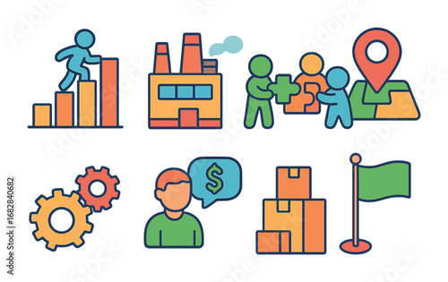 Business Growth Icons. Flat vector mini-illustrations business scaling tactics in colors children's