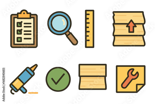 Siding Inspection Icons. Flat vector mini-illustrations inspecting siding after installation in colors