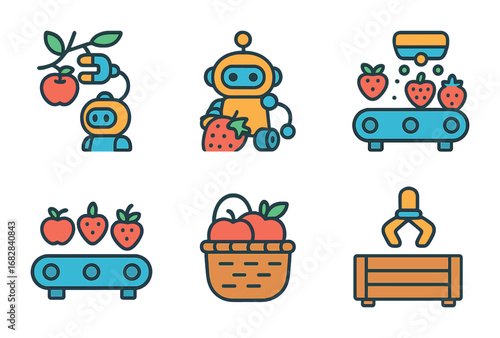 Robotic Harvesters Icons. Flat vector mini-illustrations robotic harvesters in colors children's illustrations