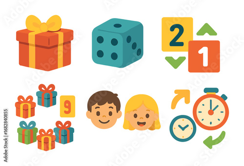Gift Exchange Icons. Flat vector mini-illustrations gift exchange games in colors children's illustrations: