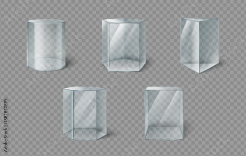 Glass box museum display cases with transparent cylindrical, hexagonal and rectangular showcases for exhibition designs. Crystal clear vitrines for artifacts or collectibles. Modern gallery pedestals