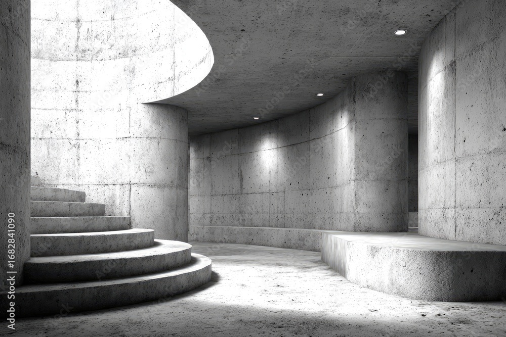 Fototapeta premium Concrete architectural interior, curved walls, stairs
