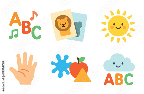 Preschool Learning Icons. Flat vector mini-illustrations preschool learning apps in colors children's