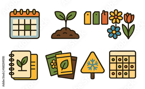 Seasonal Planting Guide Icons. Flat vector mini-illustrations seasonal planting guide in colors children's