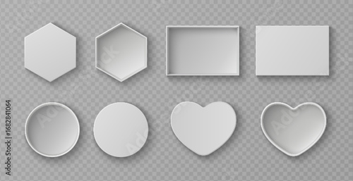 Realistic mockup box set with top view - hexagonal, rectangular and circular containers for packaging designs. White cardboard heart and round lids with shadows. Empty templates for gift packs.