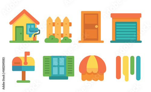 Colorful Home Makeover. Flat vector mini-illustrations colorful exterior makeovers in colors children's