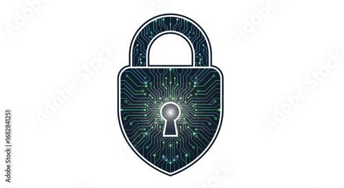 Futuristic cybersecurity concept with a high-tech padlock illustration showing a circuit board design