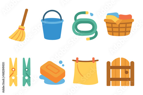 Children's Dacha Chores Icons. Flat vector mini-illustrations Early chores at the dacha in colors children's