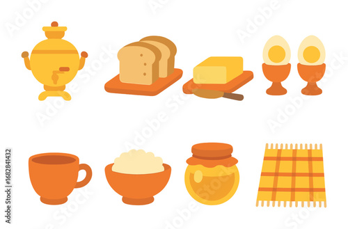 Dacha Breakfast Icons. Flat vector mini-illustrations Preparing breakfast at the dacha in colors children's