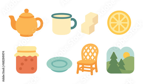 Morning Tea on Terrace. Flat vector mini-illustrations Morning tea time on the terrace in colors children's