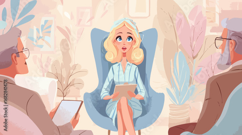 A confident woman sits in a stylish chair, holding a tablet while engaging in a discussion with two older men.