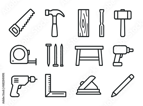 Carpentry Icon Collection. Outline icon set of carpentry skills: saw, hammer, wood plank, chisel, measuring